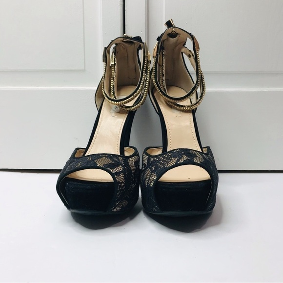 GUESS Black Lace Open Toe Stiletto Heels Size 9 - Picture 2 of 9